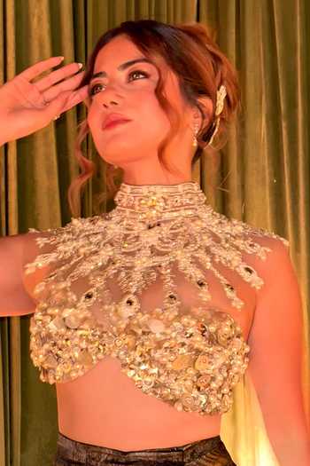 Dilnaz_Gold Sequins, Beads, Pearls, Stones Floral Embellished Bib Cape _Online_at_Aza_Fashions