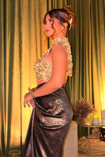 Buy_Dilnaz_Gold Sequins, Beads, Pearls, Stones Floral Embellished Bib Cape _Online_at_Aza_Fashions