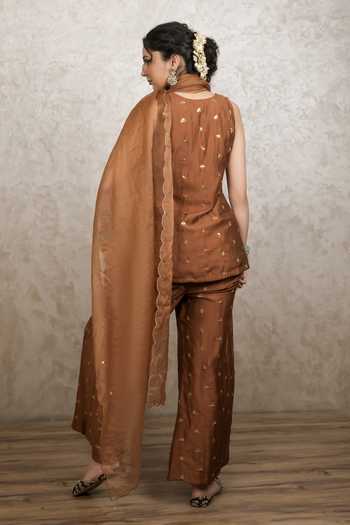 Shop_Gulabo Jaipur_Brown Silk Zari V-neck, Yes Noya Handwork Motif Kurta Set _at_Aza_Fashions