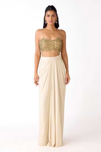 Buy_Basanti Kapde aur Koffee_Ivory Organza, Viscose, Lycra Sequins, Embroidered Border Cape And Skirt Set 