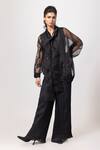 Buy_Label Shristi Chetani_Black Organza Applique Shawl Neck Sheer Top And Pant Set _at_Aza_Fashions