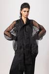 Shop_Label Shristi Chetani_Black Organza Applique Shawl Neck Sheer Top And Pant Set _at_Aza_Fashions
