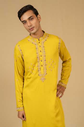 Gaurav katta_Yellow Satin, Modal Zardozi Embroidered Kurta Set _Online_at_Aza_Fashions