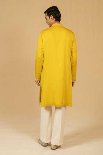 Shop_Gaurav katta_Yellow Satin, Modal Zardozi Embroidered Kurta Set _at_Aza_Fashions