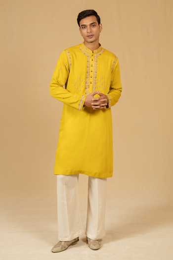 Buy_Gaurav katta_Yellow Satin, Modal Zardozi Embroidered Kurta Set _at_Aza_Fashions