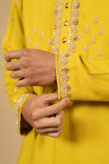 Buy_Gaurav katta_Yellow Satin, Modal Zardozi Embroidered Kurta Set _Online_at_Aza_Fashions