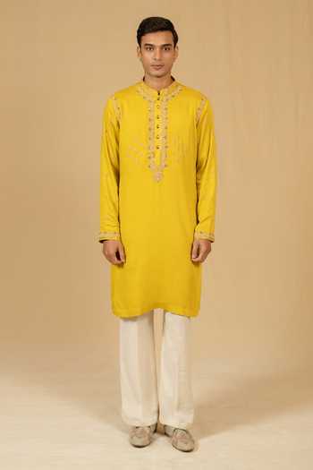 Shop_Gaurav katta_Yellow Satin, Modal Zardozi Embroidered Kurta Set _Online_at_Aza_Fashions