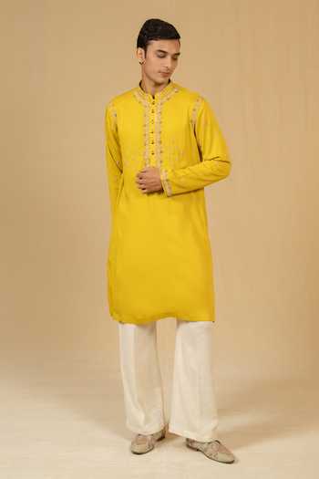 Gaurav katta_Yellow Satin, Modal Zardozi Embroidered Kurta Set _at_Aza_Fashions