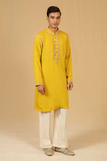 Buy_Gaurav katta_Yellow Satin, Modal Zardozi Embroidered Kurta Set 