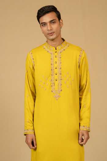 Shop_Gaurav katta_Yellow Satin, Modal Zardozi Embroidered Kurta Set 