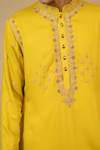 Gaurav katta_Yellow Satin, Modal Zardozi Embroidered Kurta Set _Online