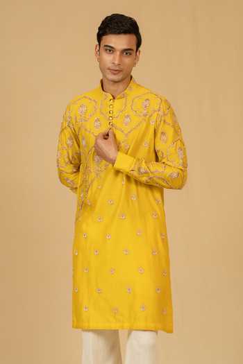 Gaurav katta_Yellow Silk, Chanderi Zardozi Embroidered Kurta And Pant Set _Online_at_Aza_Fashions