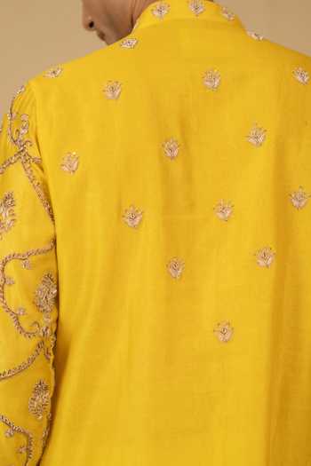 Buy_Gaurav katta_Yellow Silk, Chanderi Zardozi Embroidered Kurta And Pant Set _Online_at_Aza_Fashions