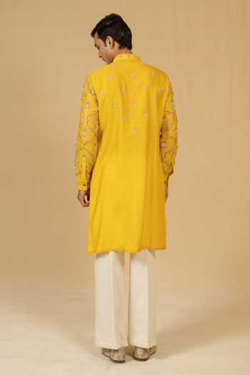 Shop_Gaurav katta_Yellow Silk, Chanderi Zardozi Embroidered Kurta And Pant Set _at_Aza_Fashions