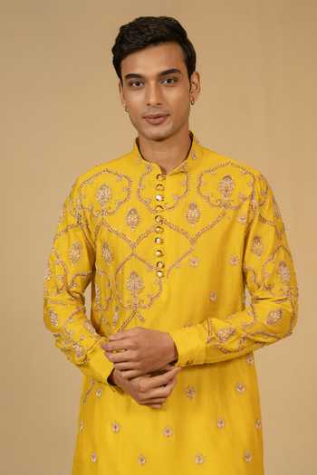 Shop_Gaurav katta_Yellow Silk, Chanderi Zardozi Embroidered Kurta And Pant Set _Online_at_Aza_Fashions