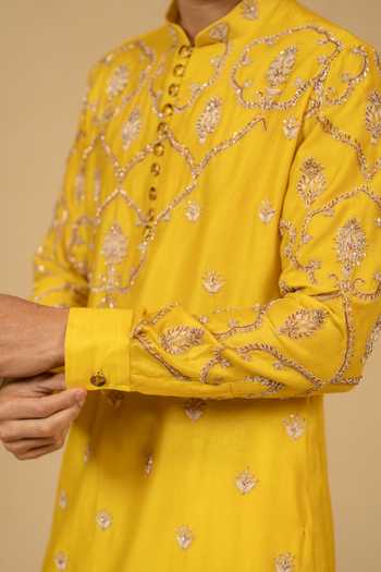 Gaurav katta_Yellow Silk, Chanderi Zardozi Embroidered Kurta And Pant Set _at_Aza_Fashions