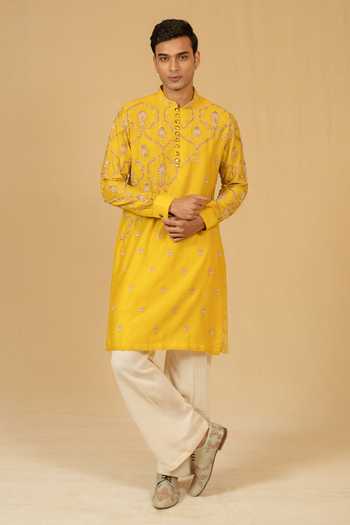Buy_Gaurav katta_Yellow Silk, Chanderi Zardozi Embroidered Kurta And Pant Set _at_Aza_Fashions