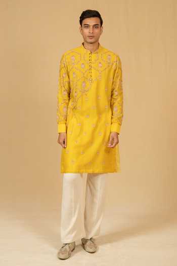Buy_Gaurav katta_Yellow Silk, Chanderi Zardozi Embroidered Kurta And Pant Set 