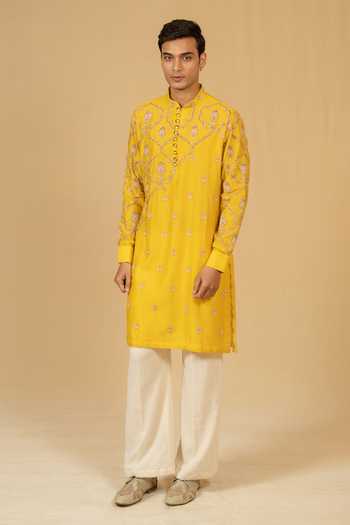 Gaurav katta_Yellow Silk, Chanderi Zardozi Embroidered Kurta And Pant Set _Online