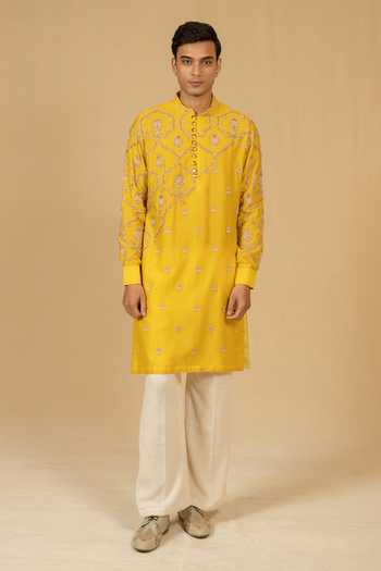 Buy_Gaurav katta_Yellow Silk, Chanderi Zardozi Embroidered Kurta And Pant Set _Online