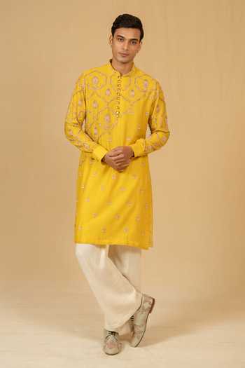 Shop_Gaurav katta_Yellow Silk, Chanderi Zardozi Embroidered Kurta And Pant Set _Online
