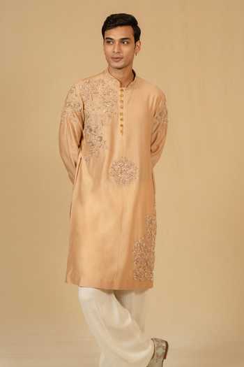 Gaurav katta_Brown Silk, Chanderi Embroidery Zardozi Kurta And Pant Set _Online_at_Aza_Fashions
