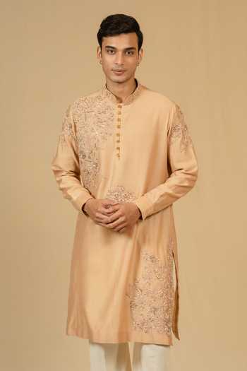 Buy_Gaurav katta_Brown Silk, Chanderi Embroidery Zardozi Kurta And Pant Set _Online_at_Aza_Fashions