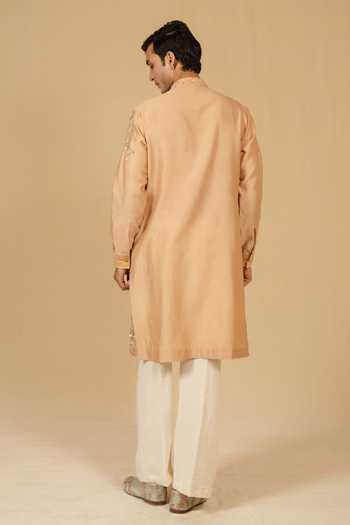 Shop_Gaurav katta_Brown Silk, Chanderi Embroidery Zardozi Kurta And Pant Set _at_Aza_Fashions