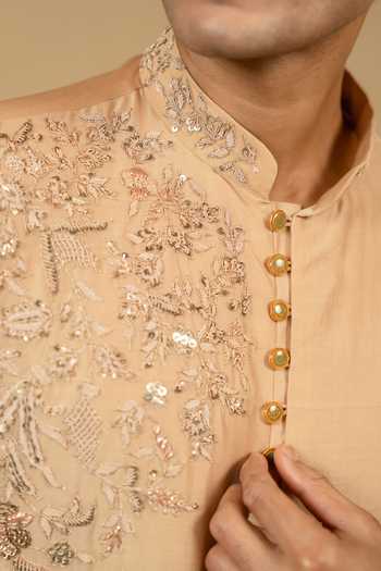 Gaurav katta_Brown Silk, Chanderi Embroidery Zardozi Kurta And Pant Set _at_Aza_Fashions