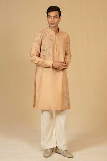 Buy_Gaurav katta_Brown Silk, Chanderi Embroidery Zardozi Kurta And Pant Set 