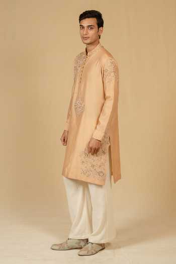 Shop_Gaurav katta_Brown Silk, Chanderi Embroidery Zardozi Kurta And Pant Set 