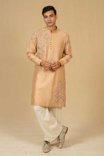 Buy_Gaurav katta_Brown Silk, Chanderi Embroidery Zardozi Kurta And Pant Set _at_Aza_Fashions
