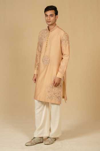 Gaurav katta_Brown Silk, Chanderi Embroidery Zardozi Kurta And Pant Set _Online