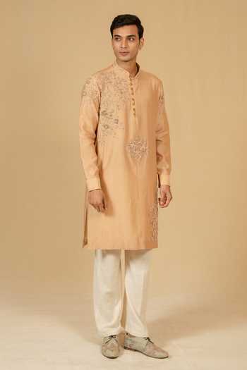 Buy_Gaurav katta_Brown Silk, Chanderi Embroidery Zardozi Kurta And Pant Set _Online