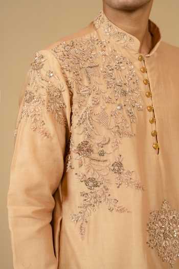 Shop_Gaurav katta_Brown Silk, Chanderi Embroidery Zardozi Kurta And Pant Set _Online
