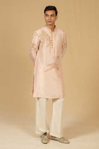 Buy_Gaurav katta_Pink Silk, Dupion Embroidery, Zari Zardozi Kurta And Pant Set _at_Aza_Fashions