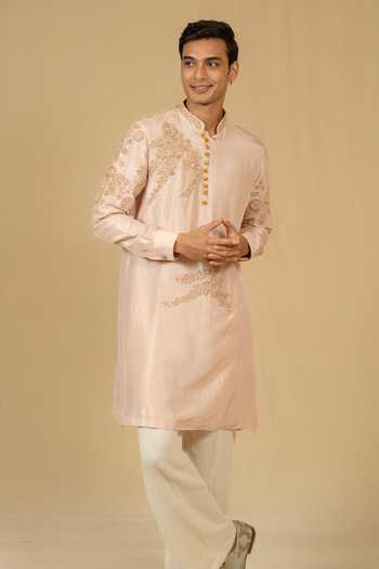 Buy_Gaurav katta_Pink Silk, Dupion Embroidery, Zari Zardozi Kurta And Pant Set _Online_at_Aza_Fashions