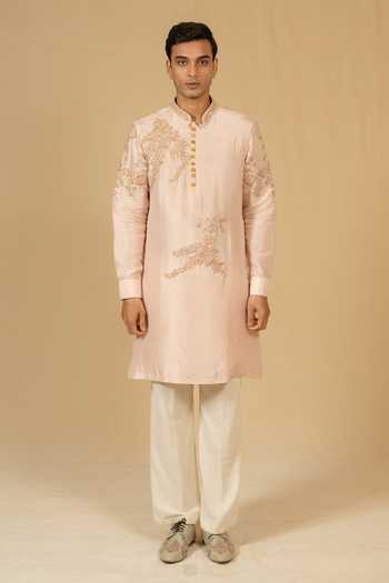 Shop_Gaurav katta_Pink Silk, Dupion Embroidery, Zari Zardozi Kurta And Pant Set _Online_at_Aza_Fashions