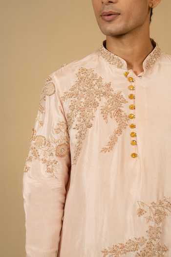 Gaurav katta_Pink Silk, Dupion Embroidery, Zari Zardozi Kurta And Pant Set _at_Aza_Fashions