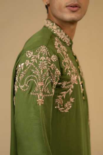 Gaurav katta_Olive Green Silk, Modal Zari Zardozi Embroidered Kurta And Pant Set _Online_at_Aza_Fashions