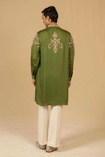 Shop_Gaurav katta_Olive Green Silk, Modal Zari Zardozi Embroidered Kurta And Pant Set _at_Aza_Fashions