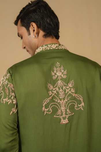 Buy_Gaurav katta_Olive Green Silk, Modal Zari Zardozi Embroidered Kurta And Pant Set _Online_at_Aza_Fashions