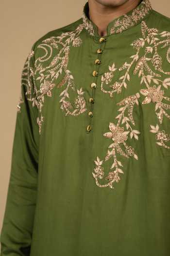 Shop_Gaurav katta_Olive Green Silk, Modal Zari Zardozi Embroidered Kurta And Pant Set _Online_at_Aza_Fashions