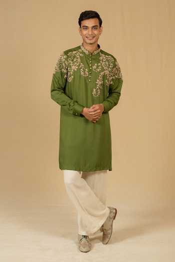 Buy_Gaurav katta_Olive Green Silk, Modal Zari Zardozi Embroidered Kurta And Pant Set _at_Aza_Fashions