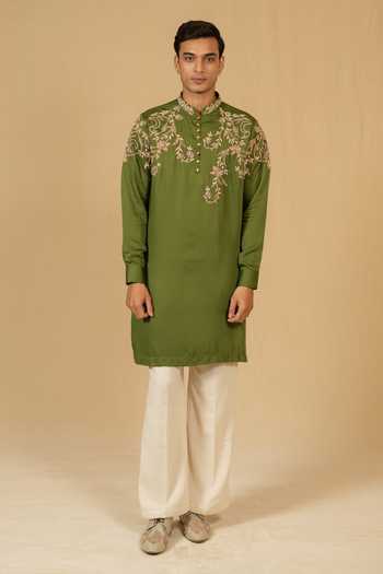 Gaurav katta_Olive Green Silk, Modal Zari Zardozi Embroidered Kurta And Pant Set _at_Aza_Fashions