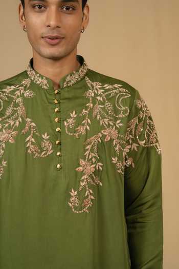 Buy_Gaurav katta_Olive Green Silk, Modal Zari Zardozi Embroidered Kurta And Pant Set 