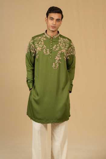 Shop_Gaurav katta_Olive Green Silk, Modal Zari Zardozi Embroidered Kurta And Pant Set 