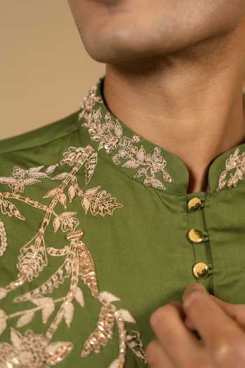 Gaurav katta_Olive Green Silk, Modal Zari Zardozi Embroidered Kurta And Pant Set _Online
