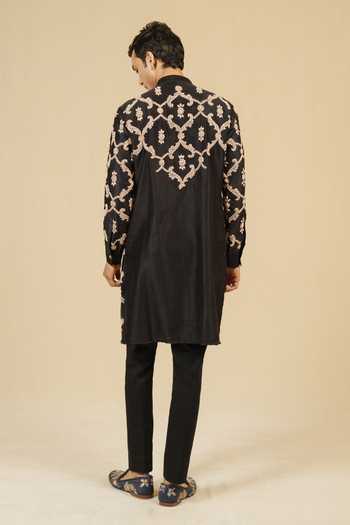 Shop_Gaurav katta_Black Silk, Chanderi Zardozi Work Kurta And Pant Set _at_Aza_Fashions