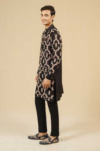 Gaurav katta_Black Silk, Chanderi Zardozi Work Kurta And Pant Set _Online_at_Aza_Fashions